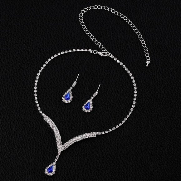 Royal Blue Teardrop Crystal Earrings And V Shape Pendant Bridal-Bridesmaid Set - Picture 9 of 9